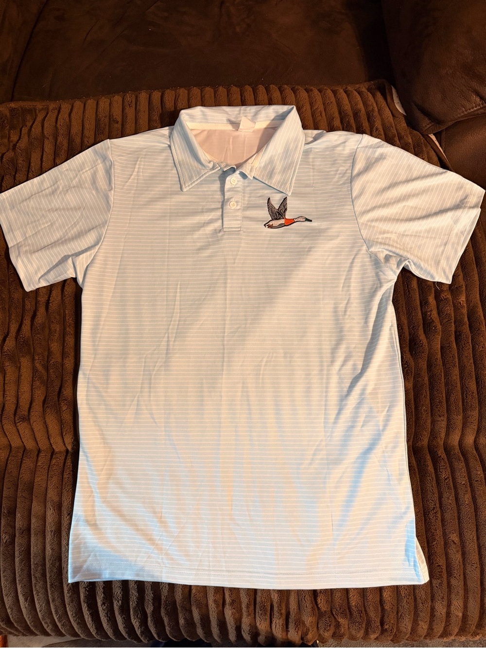 Men's Light Blue Striped Button-Down Polo Shirt with Duck Motif